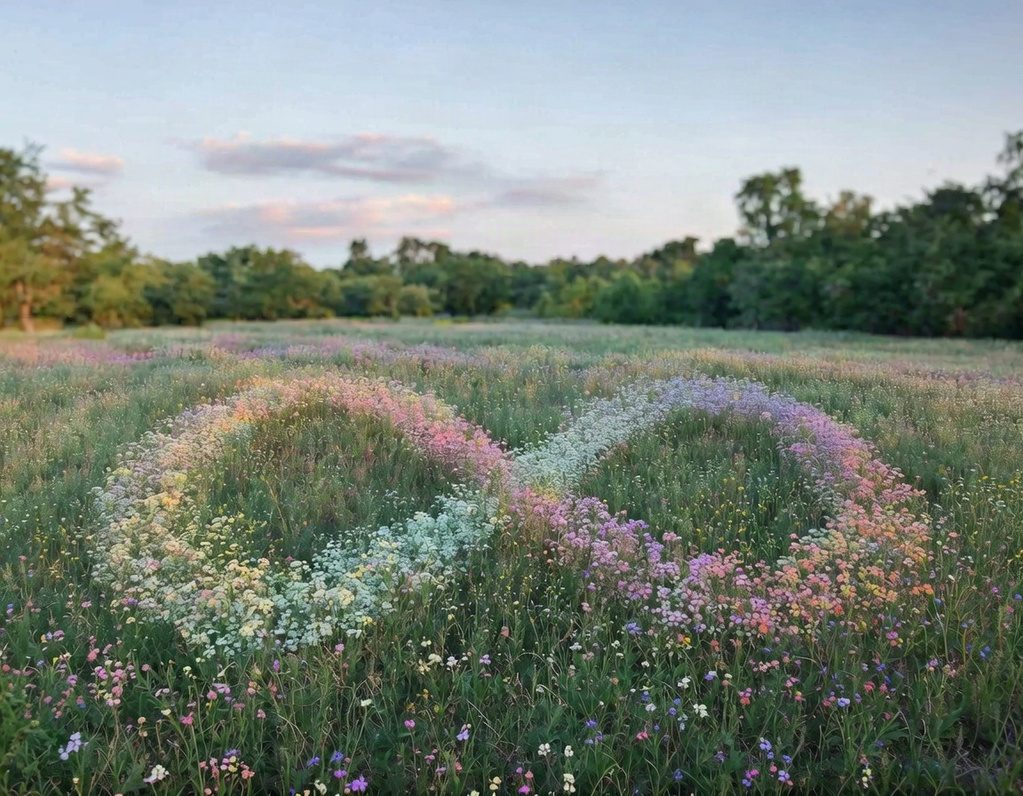 Unendlichkeitssymbol aus Blüten KI generierte Wiese mit zarten, pastellfarbenen Blüten, die ein Unendlichkeitssymbol formen. Im Hintergrund: Büsche, Bäume und Himmel