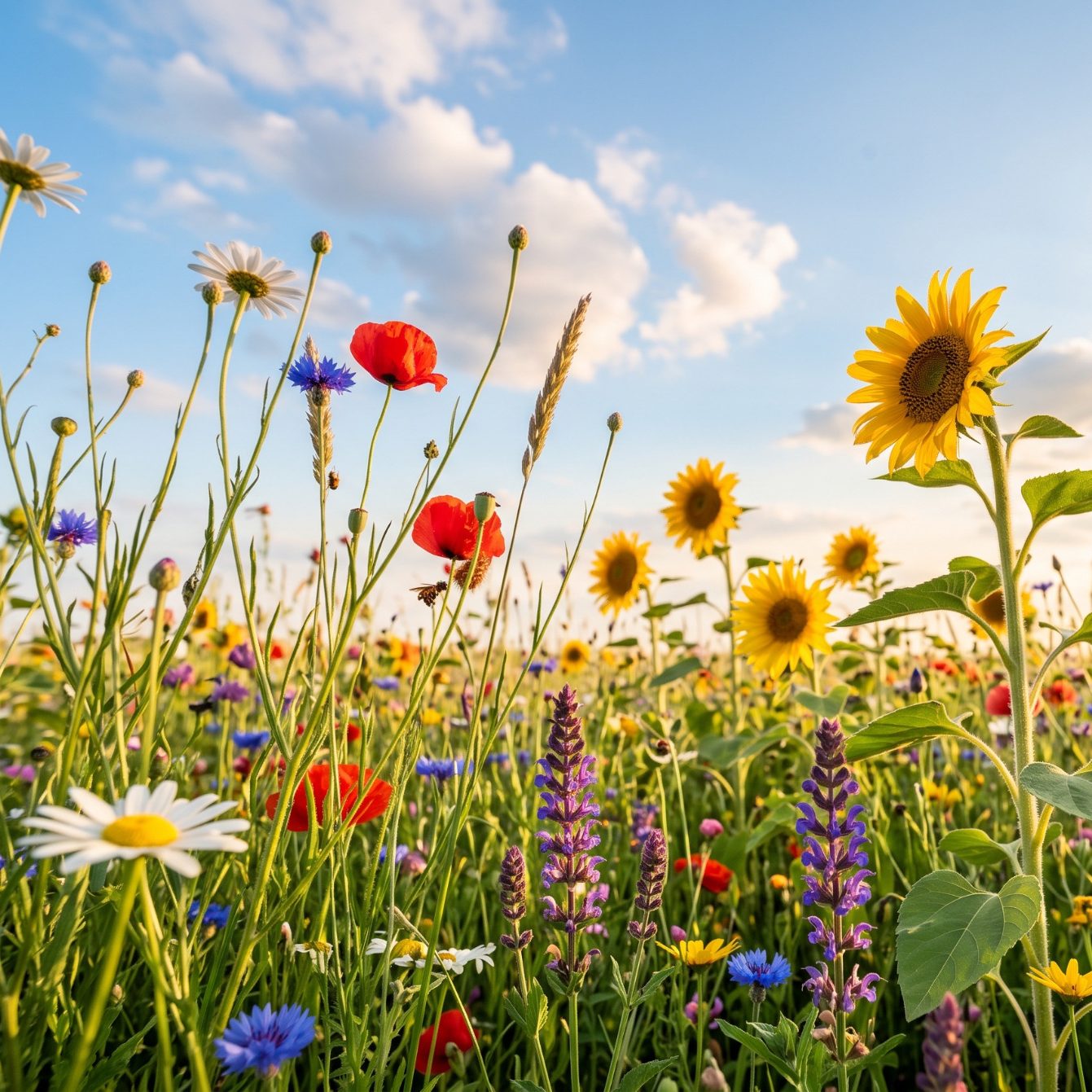KI generierte bunte Blumenwiese unter leicht bewölktem, blauen Himmel